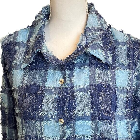 White Birch Jacket Crop Top Large Blue Patchwork Plaid Eyelash Button Up - Picture 2 of 10